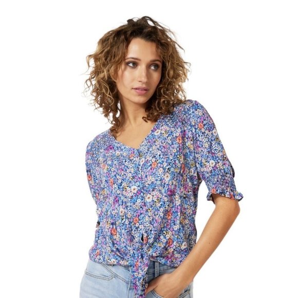 NWT ESQUALO Bohemian Blues Knot Blouse - Picture 4 of 7